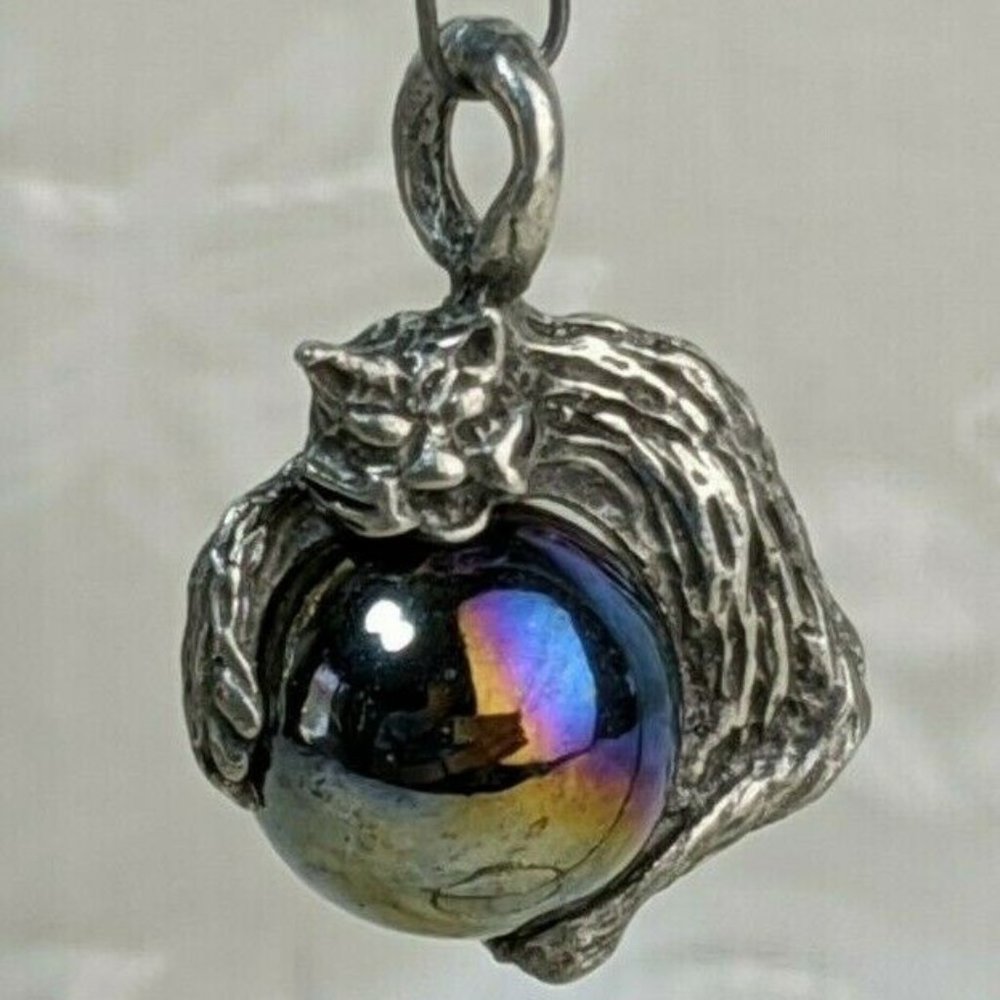Vintage Cat w Iridescent Crystal Ball Orb Pendant